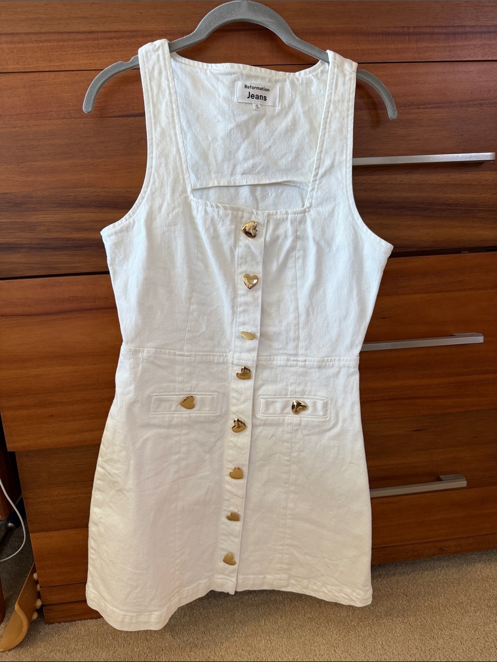 Reformation White Mini Dress with Gold Heart Buttons